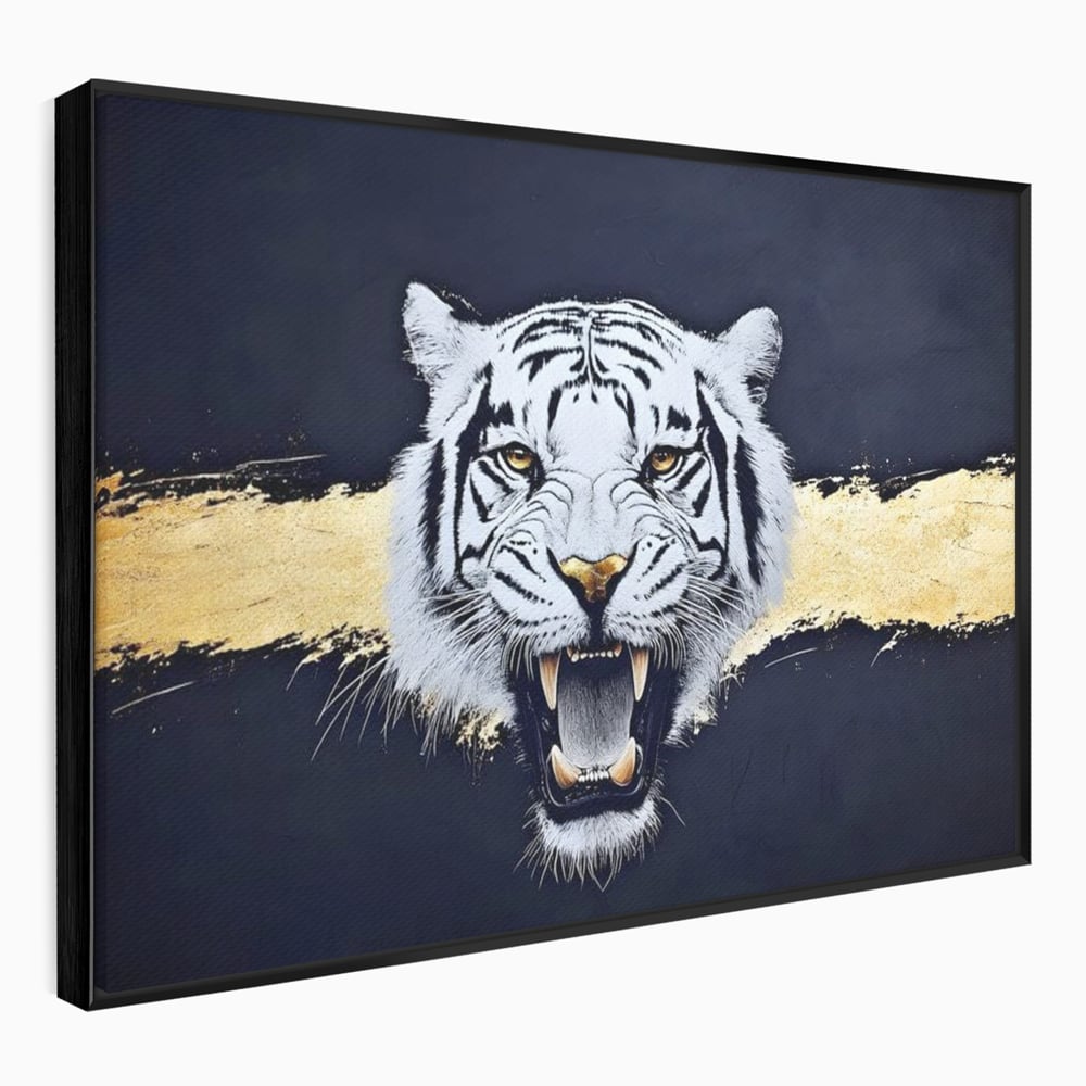 Tablou canvas cu tablou canvas cu tigru alb, in rama de aluminiu negru